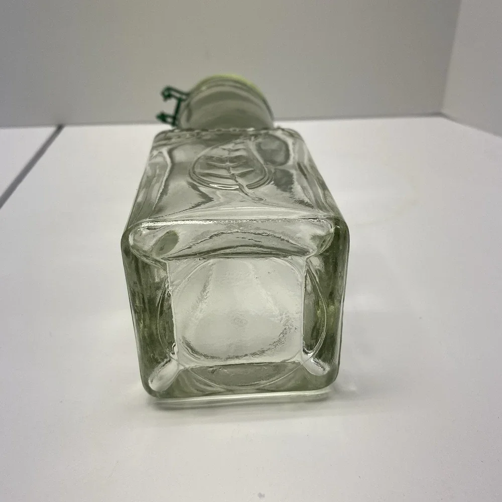 Vintage Glass Square & Round With Wire Bail @Clamp Bottle w/ Green‎ Leaf Cap
